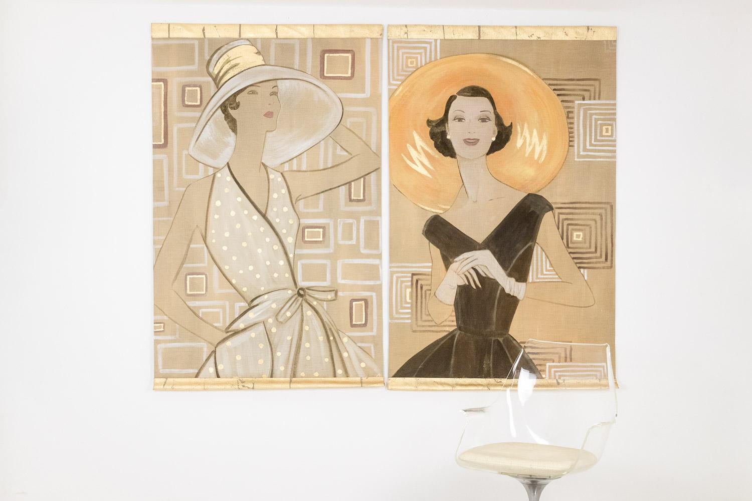 Cream-colored painted canvas representing an elegant 1950s-style woman, with her capeline-shaped hat and her trapeze-shaped, or marquise-shaped dress, on a geometric background.

Work of contemporary French artists.

Dimensions: H 160 x W 100