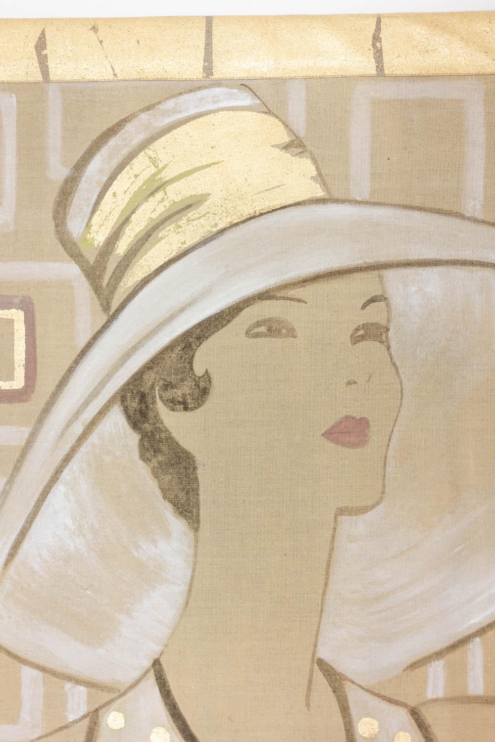 French Painted canvas representing an elegant woman from the 1950s. Contemporary. For Sale
