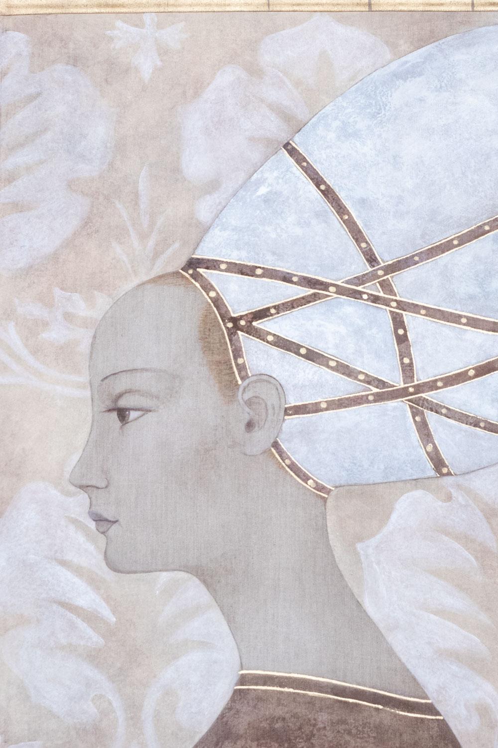Painted canvas representing an Italian noble woman. Contemporary. In Excellent Condition For Sale In Saint-Ouen, FR