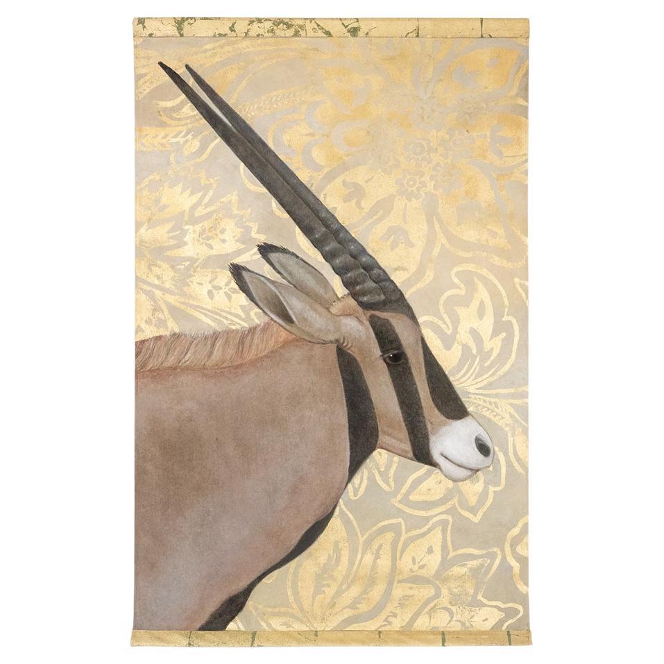 Painted canvas representing an Orix on a gold background. Contemporary.