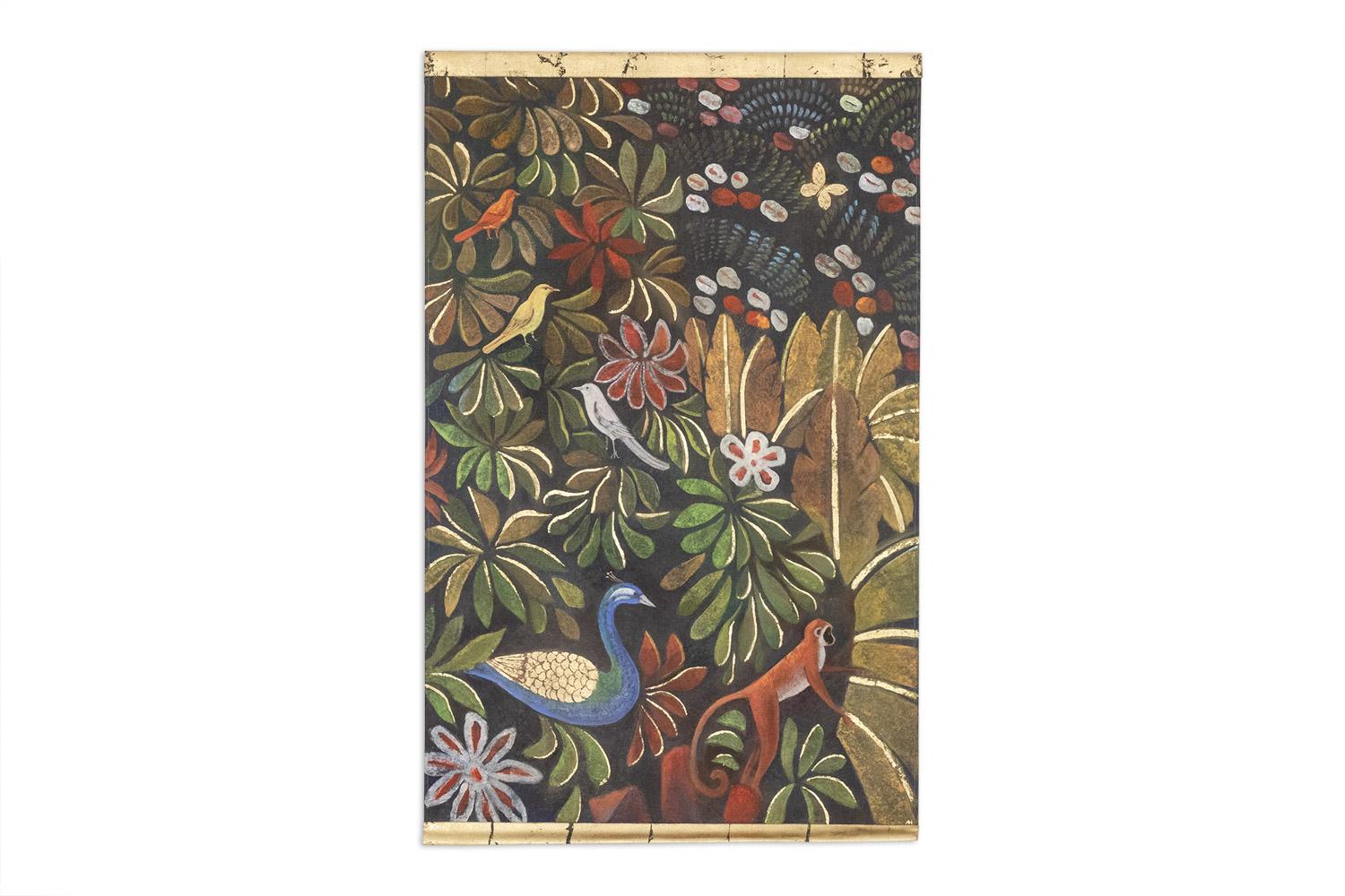 Toile peinte représentant un paon, un singe et trois oiseaux sur un fond floral.

Œuvres d'artistes français contemporains.

Dimensions : H 160 x L 100 cm

Référence : LS6131675Y

Nous disposons d'une autre toile nous permettant de former une