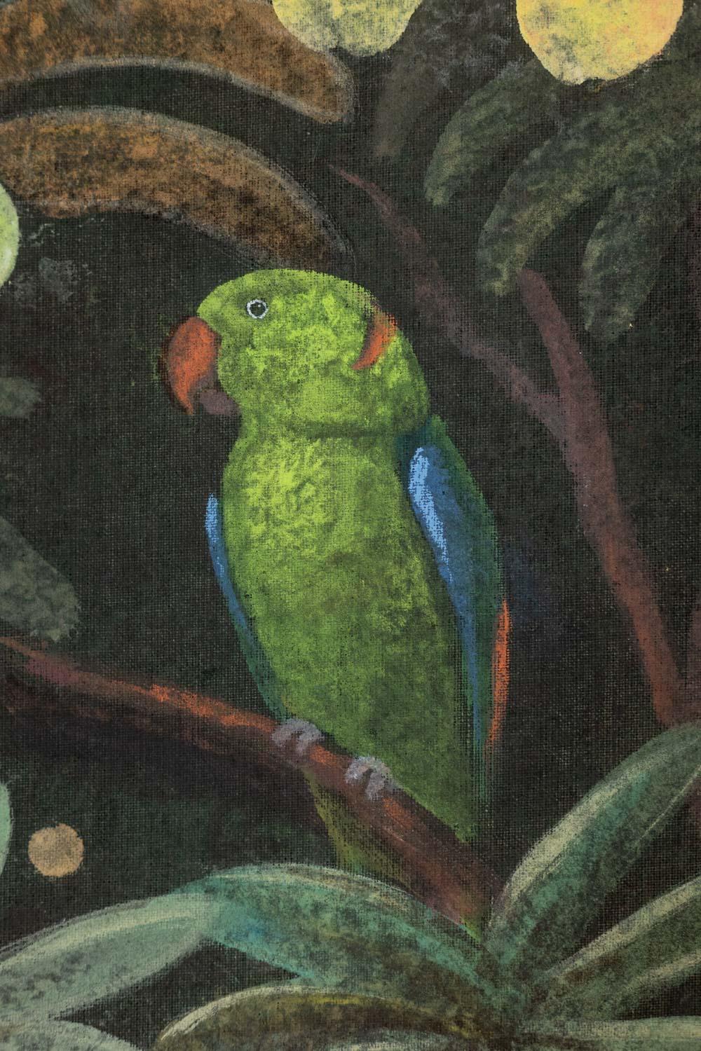 Français Toile peinte représentant des animaux sur un fond exotique. Contemporain. en vente