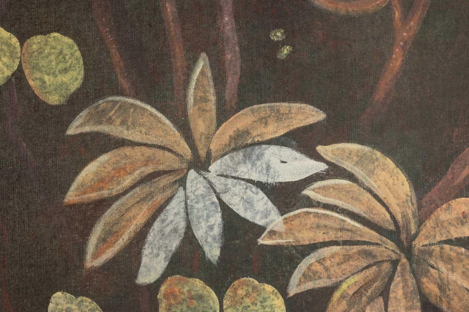 Français Toile peinte représentant des animaux sur un fond exotique. Contemporain. en vente