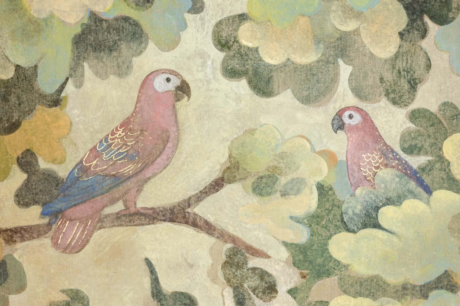 Painted canvas, or decorative panel, representing birds, in red tones, standing on their branches, on a foliage background in green tones.

Work of contemporary artists.

Reference: LS5723675T

Possibility of forming a pair with another canvas: you