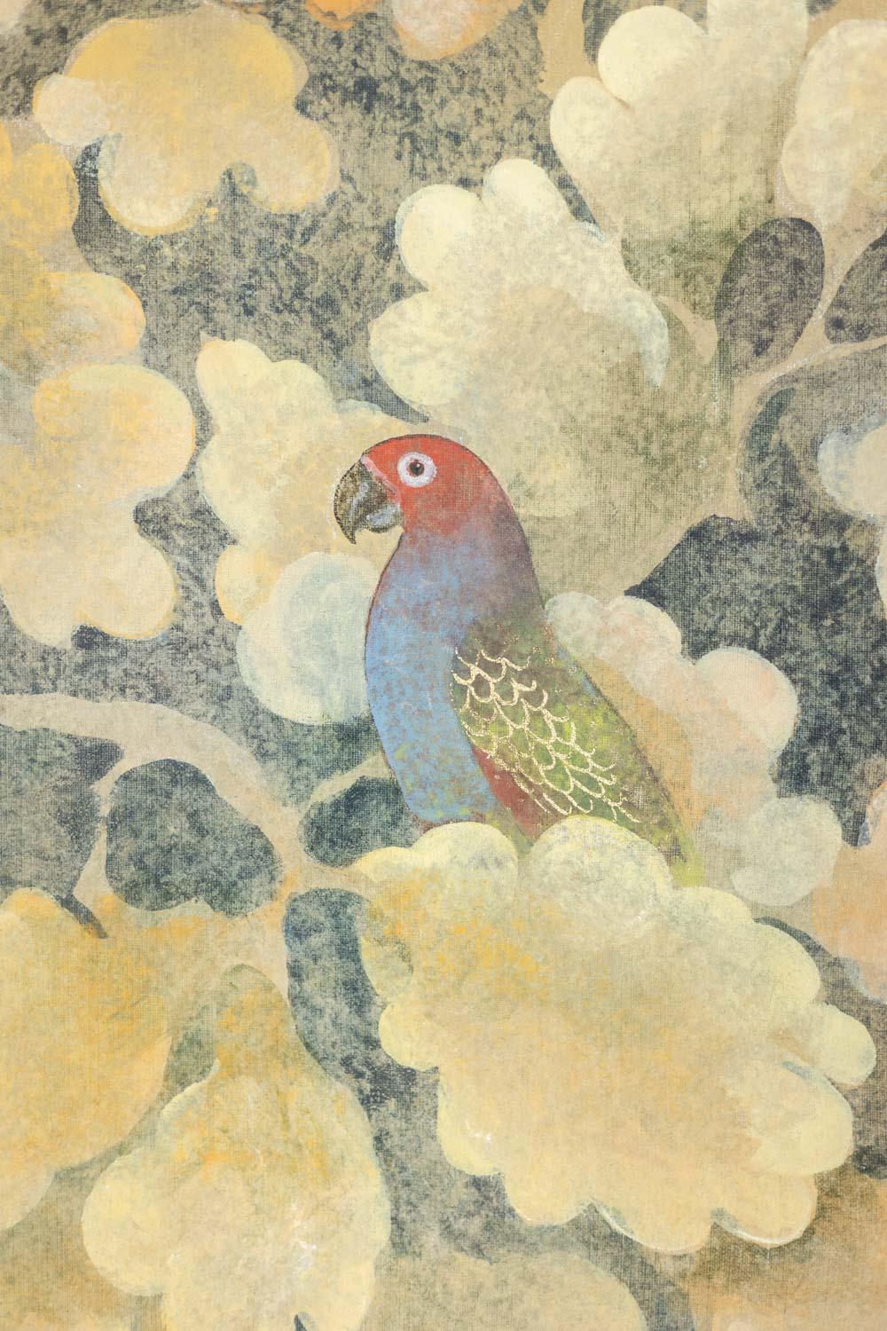 Painted canvas, or decorative panel, representing birds, in red tones, standing on their branches, on a foliage background in green tones.

Work of contemporary artists.

Reference: LS5723B675T

Possibility of forming a pair with another canvas: you