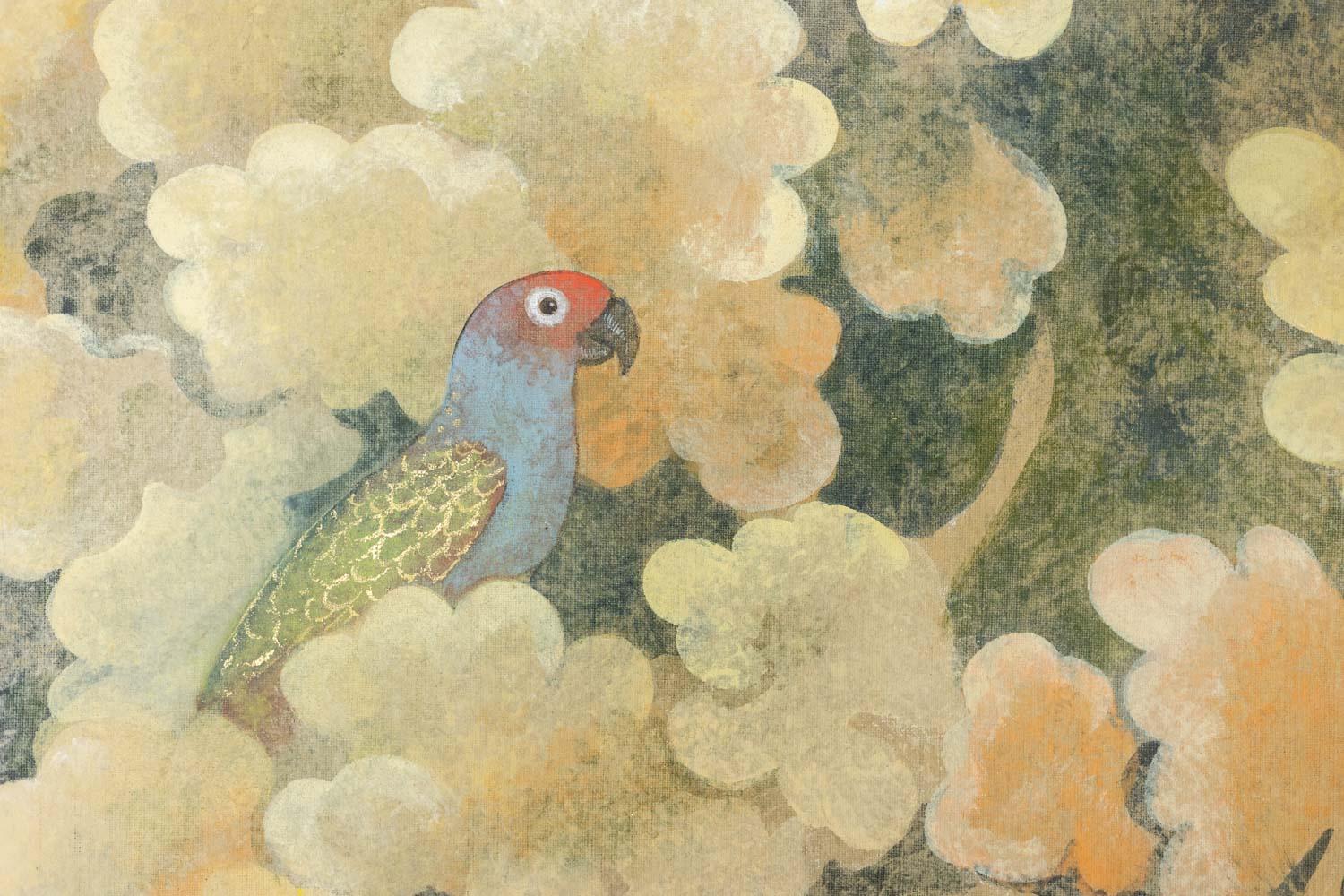 Gemalte Leinwand, die Vögel darstellt. Zeitgenössische Arbeit. (20. Jahrhundert) im Angebot
