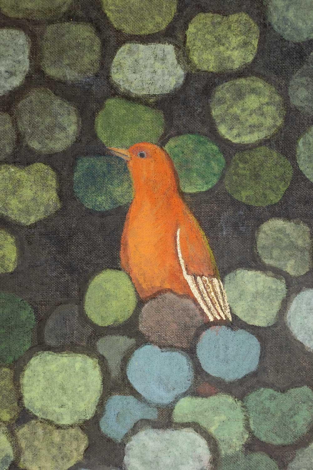 Francese Painted canvas representing birds in a country setting. Contemporary. in vendita