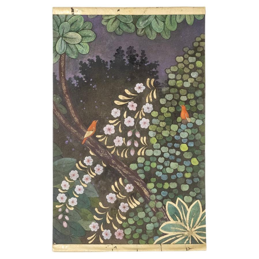 Painted canvas representing birds in a country setting. Contemporary.