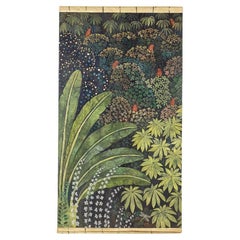 Painted canvas representing birds in the savannah. Contemporary.