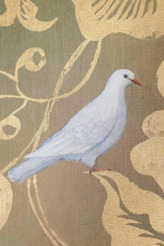 Painted canvas representing doves in foliage.