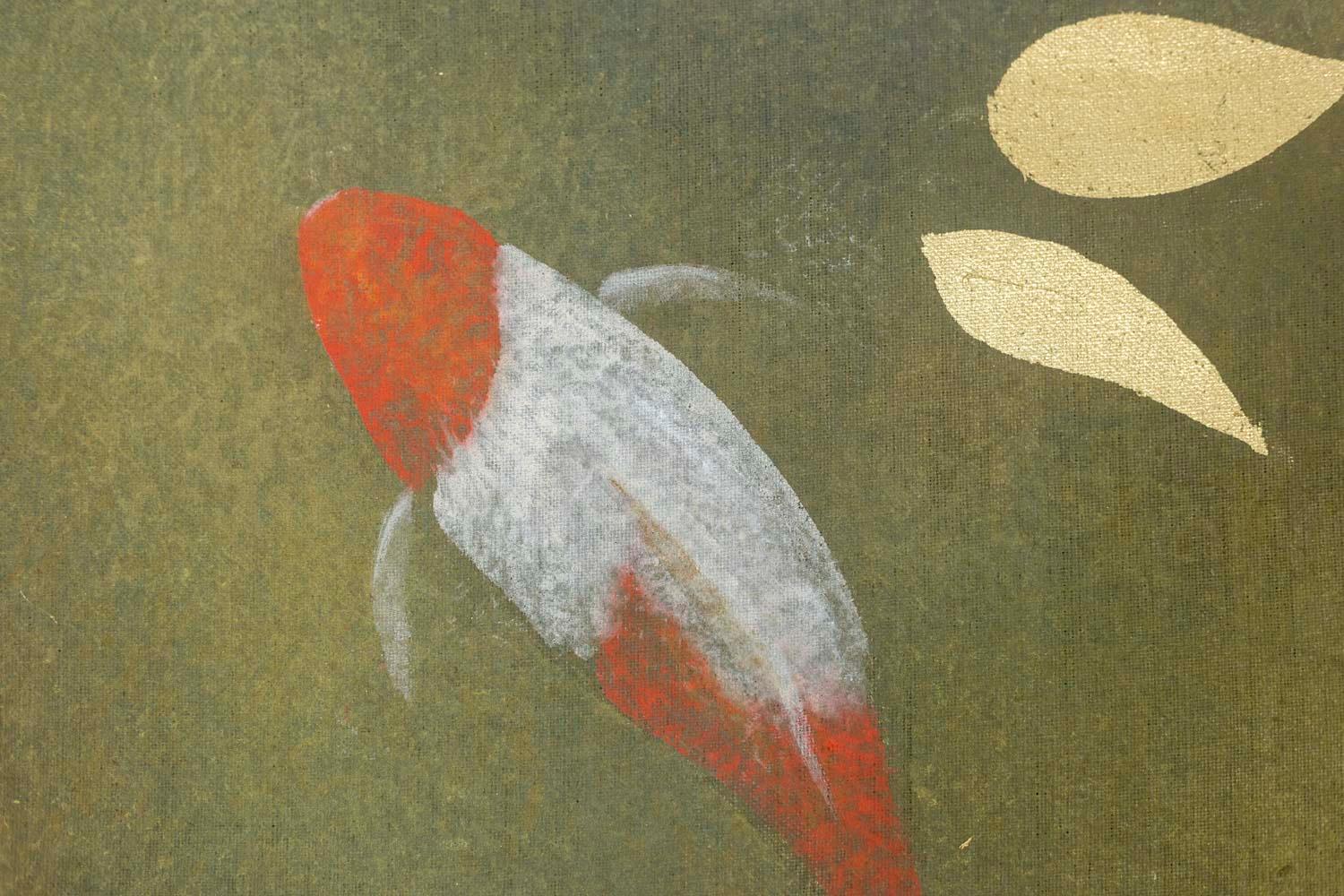Painted canvas representing koi carp.

Raw linen canvas hand painted with natural pigments and golden patterns made with copper leaf. Canvas stretched with two wooden rods, the lower one of which is removable, allowing it to be rolled up for