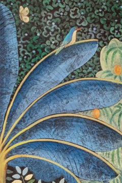 Painted canvas representing monkeys on a fruit tree. Contemporary.