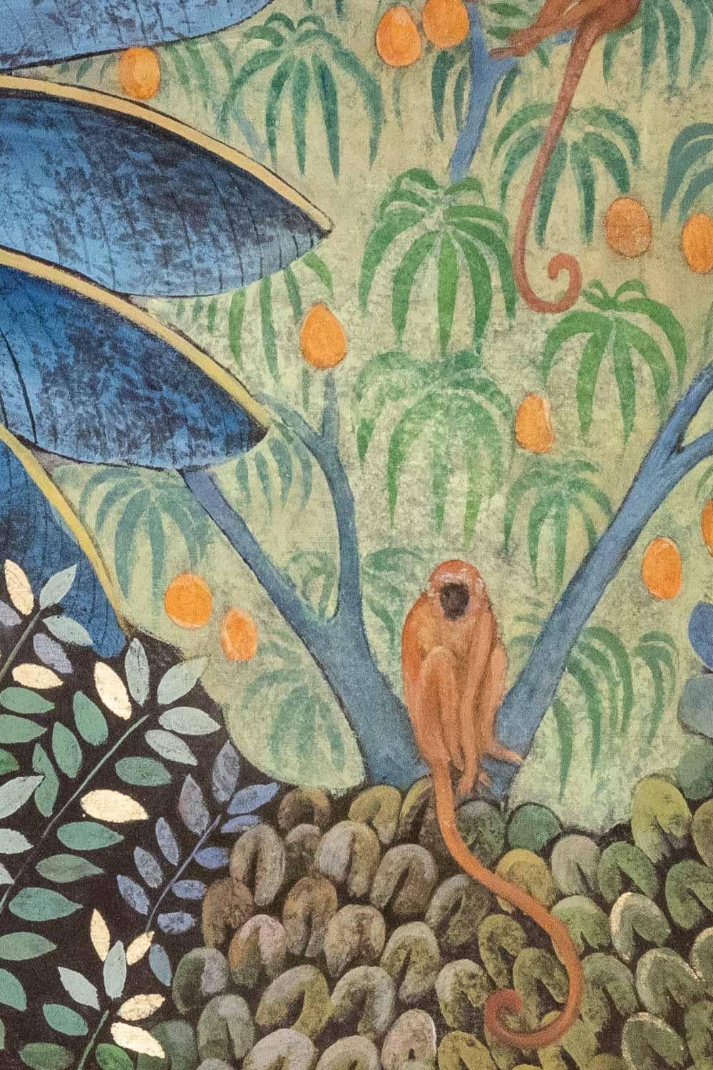 Tela dipinta che rappresenta scimmie su un albero da frutto. Contemporaneo. In condizioni ottime in vendita a Saint-Ouen, FR