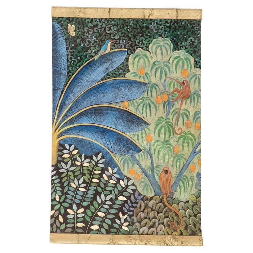 Painted canvas representing monkeys on a fruit tree. Contemporary.