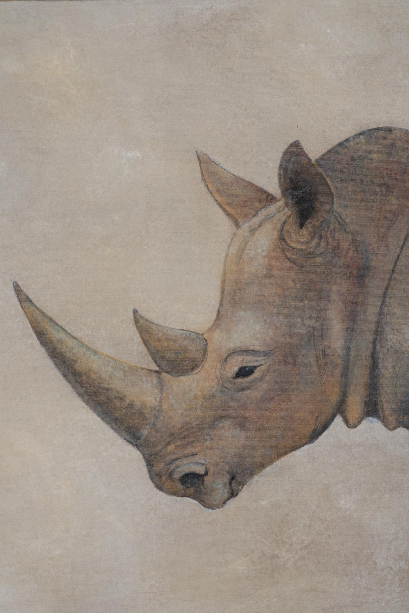 Painted canvas representing a large Rhinoceros, horizontal in shape.

Contemporary French craftsmanship.