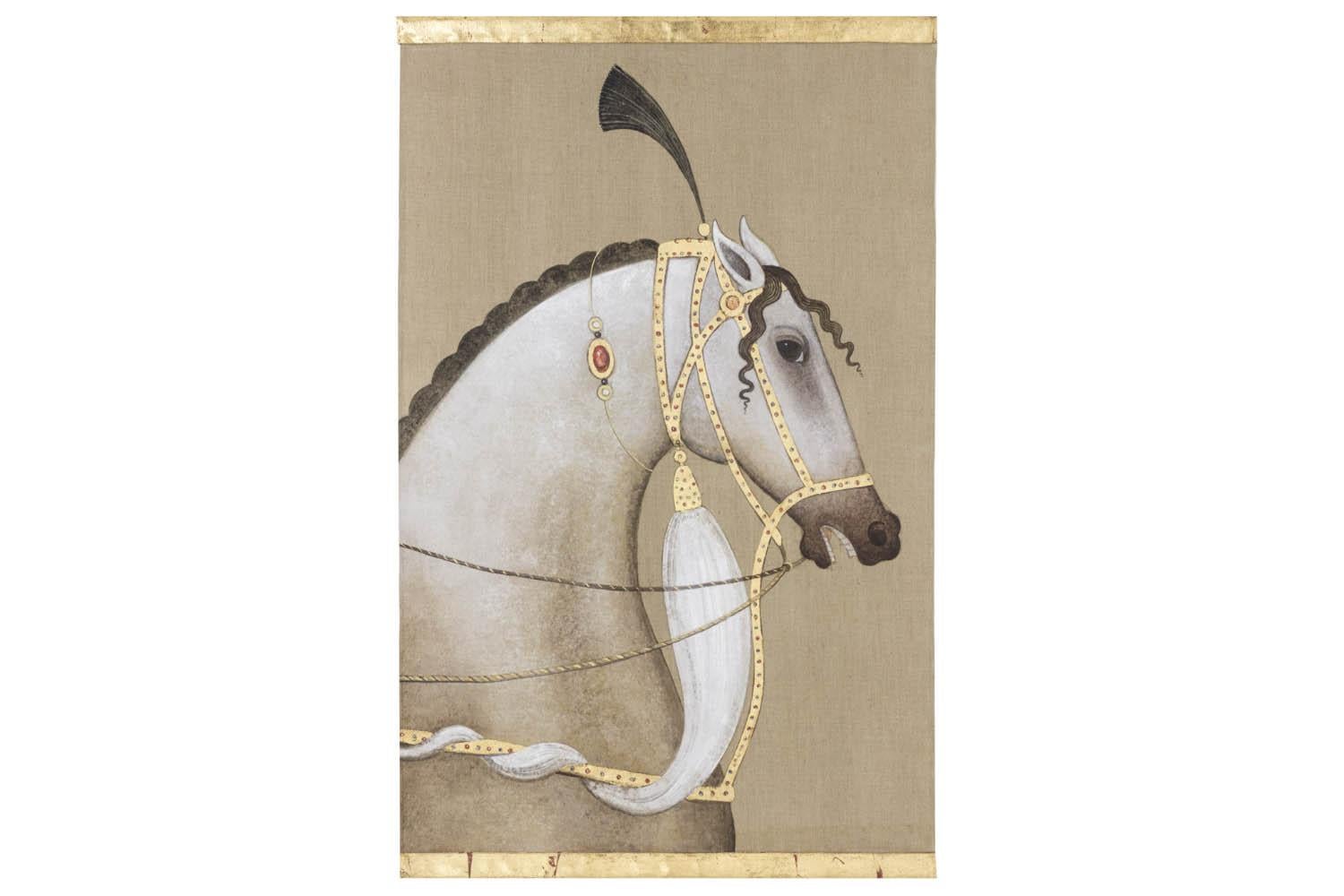 Painted canvas figuring a side view white Arabian horse. It wears a gilt harness adorned with blue and red stones and a white fabric swirled around its chest and a plume on its head. Brown background.

Linen raw canvas hand painted with natural