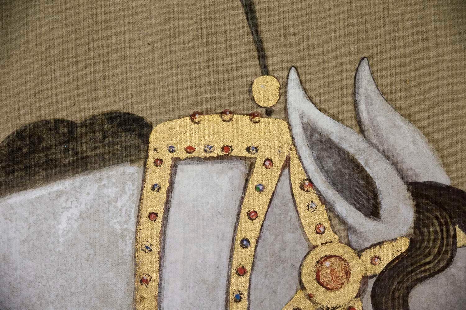 European Painted Canvas, White Arabian Horse, Contemporary Work