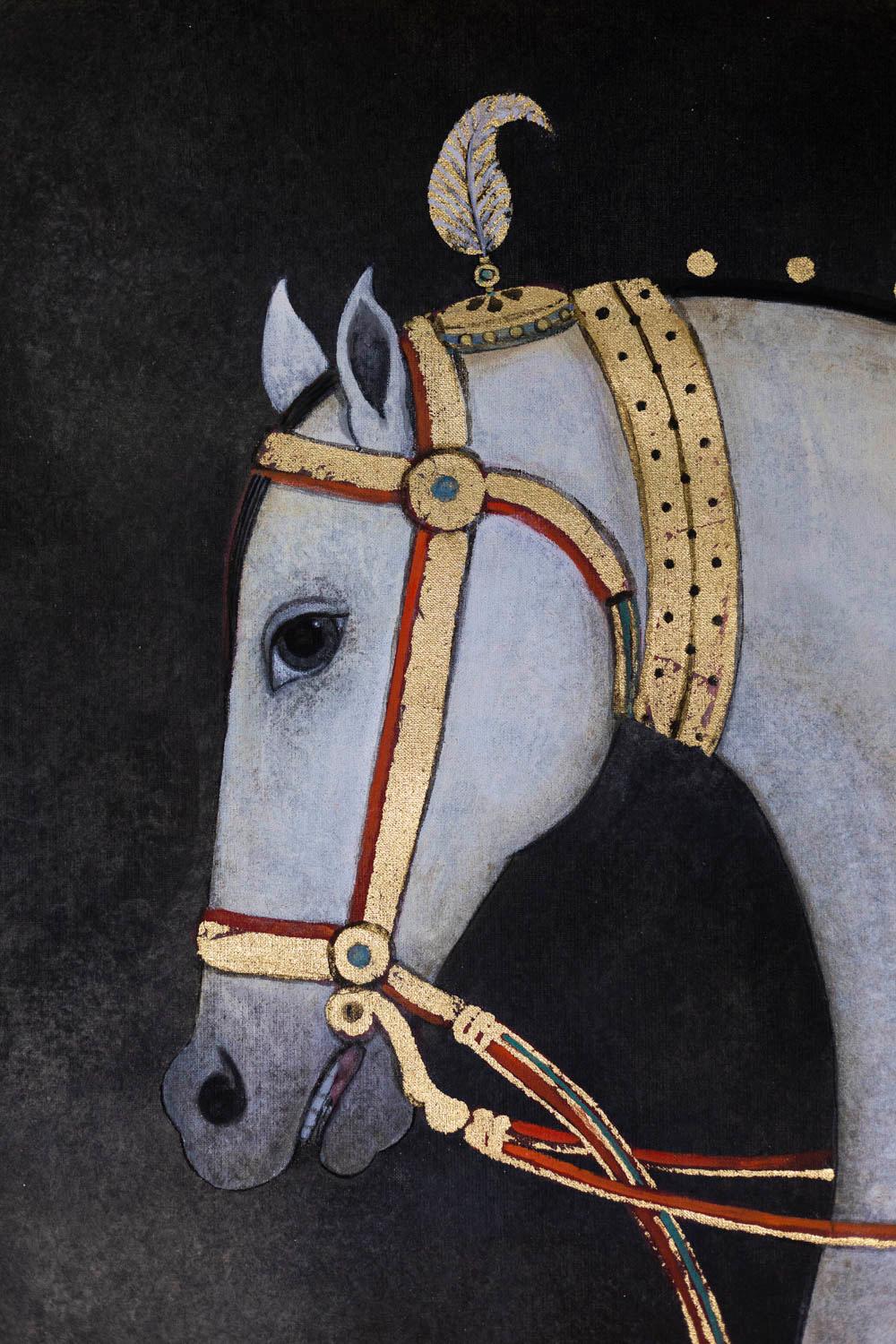 Painted canvas figuring a saddled white horse with a red and gilt saddle adorned with dark scrolls. Gilt and red bit and reins. Background in black tones.

Linen raw canvas hand painted with natural pigments and gilt motifs realized with copper