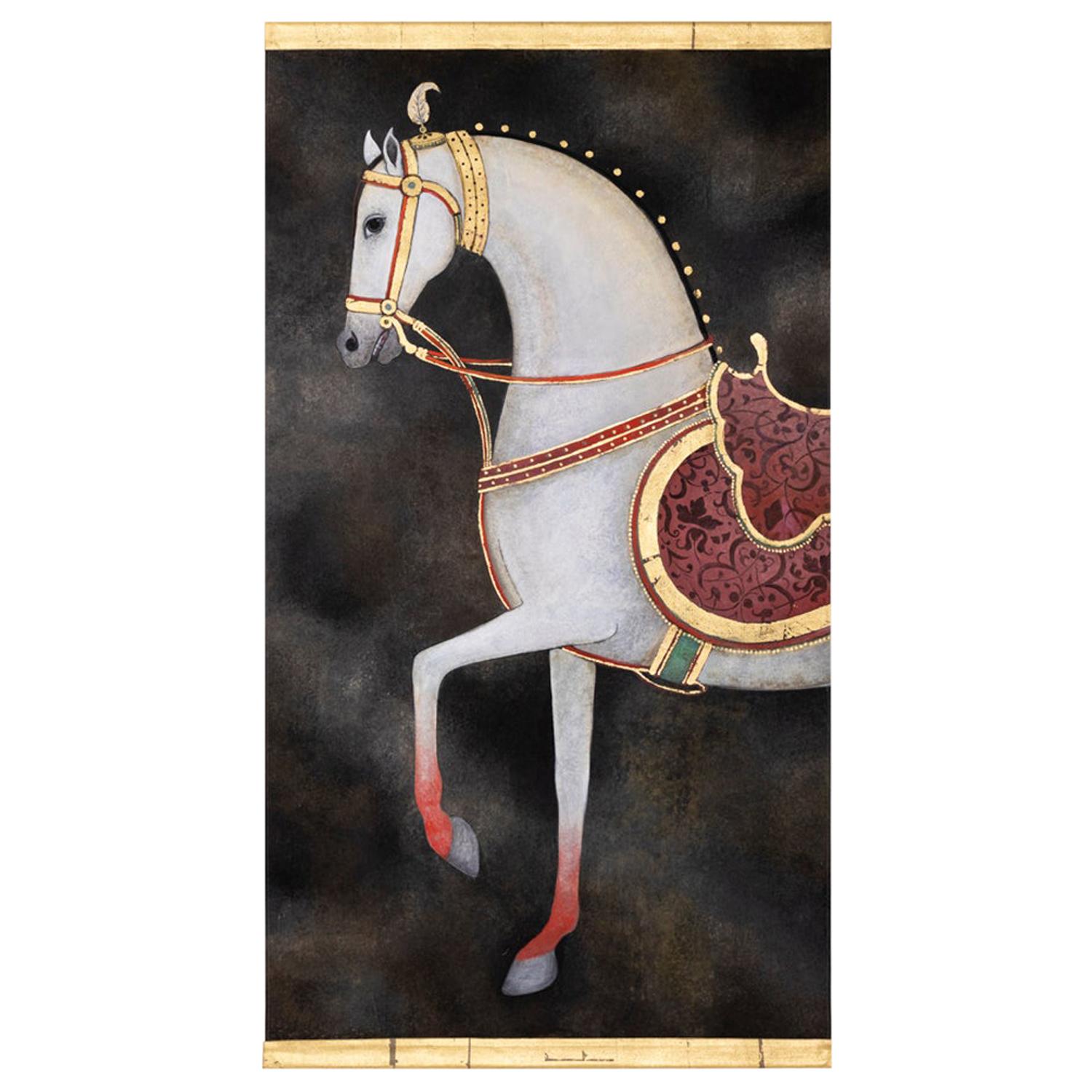Painted Canvas, White Horse on a Black Background, Contemporary Work