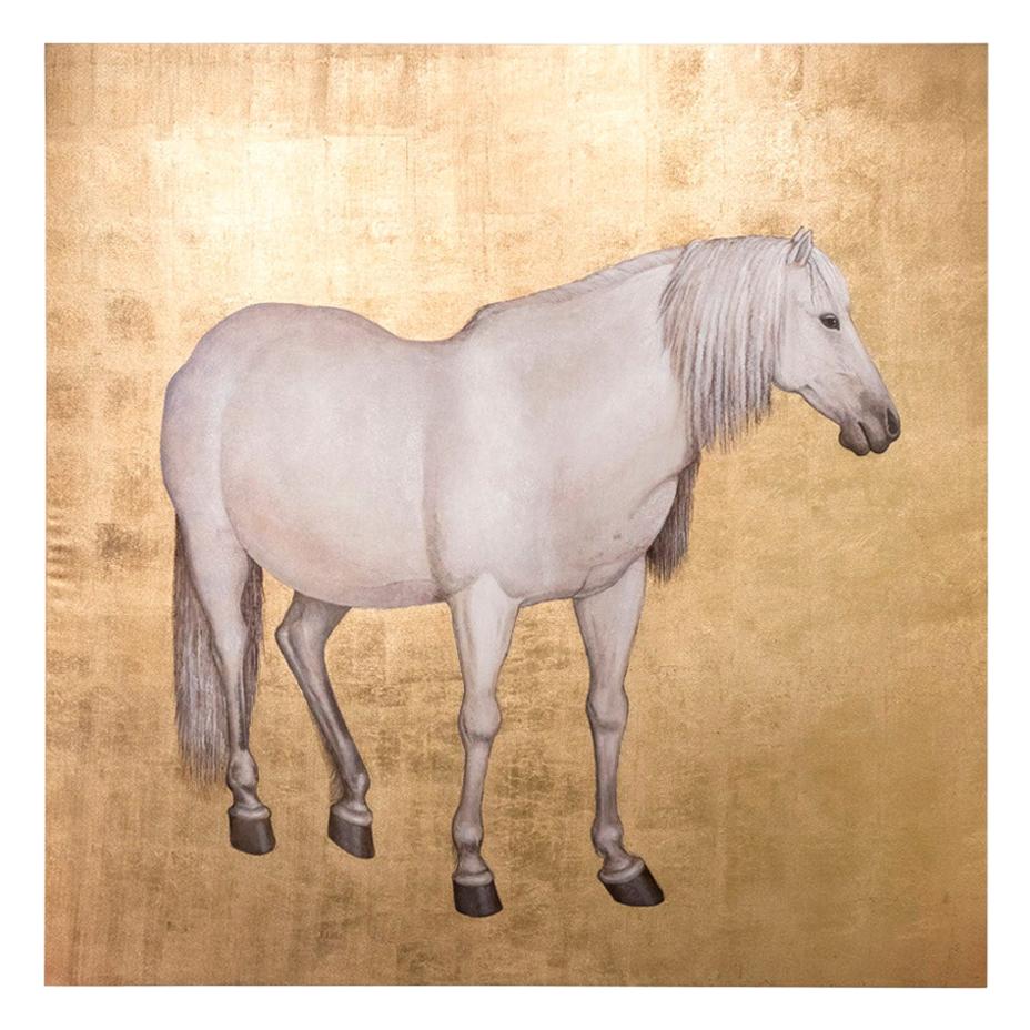 Toile peinte, cheval blanc sur fond doré, œuvre contemporaine