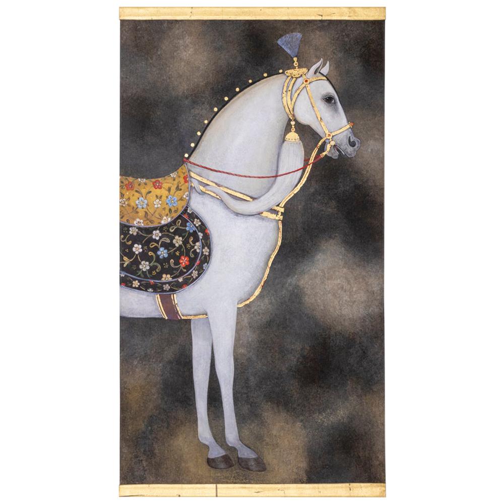 Painted Canvas, White Horse on a Grey Background, Contemporary Work