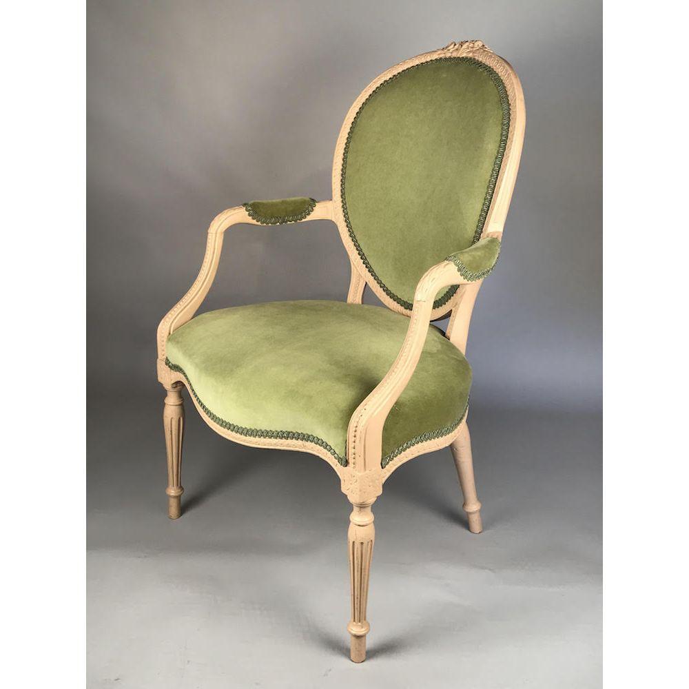 A beautifully drawn English 18th century open armchair in the manner of John Linnell.
George III period, circa 1770.

The carved and beautifully drawn Georgian frame of generous proportions with superbly shaped serpentine seat rails, indicative of a