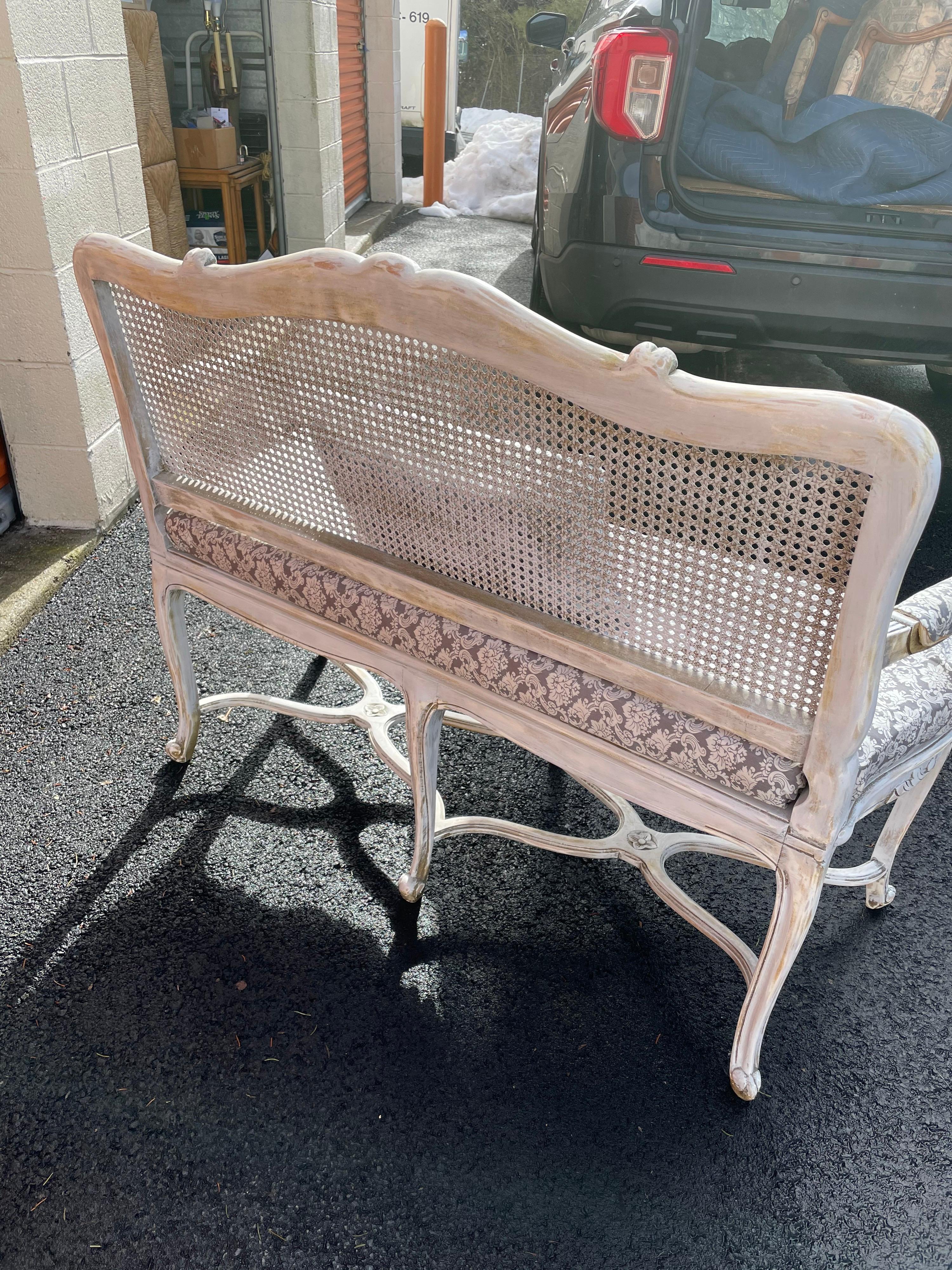 Painted Carved Caned Bench In Good Condition In New York, NY