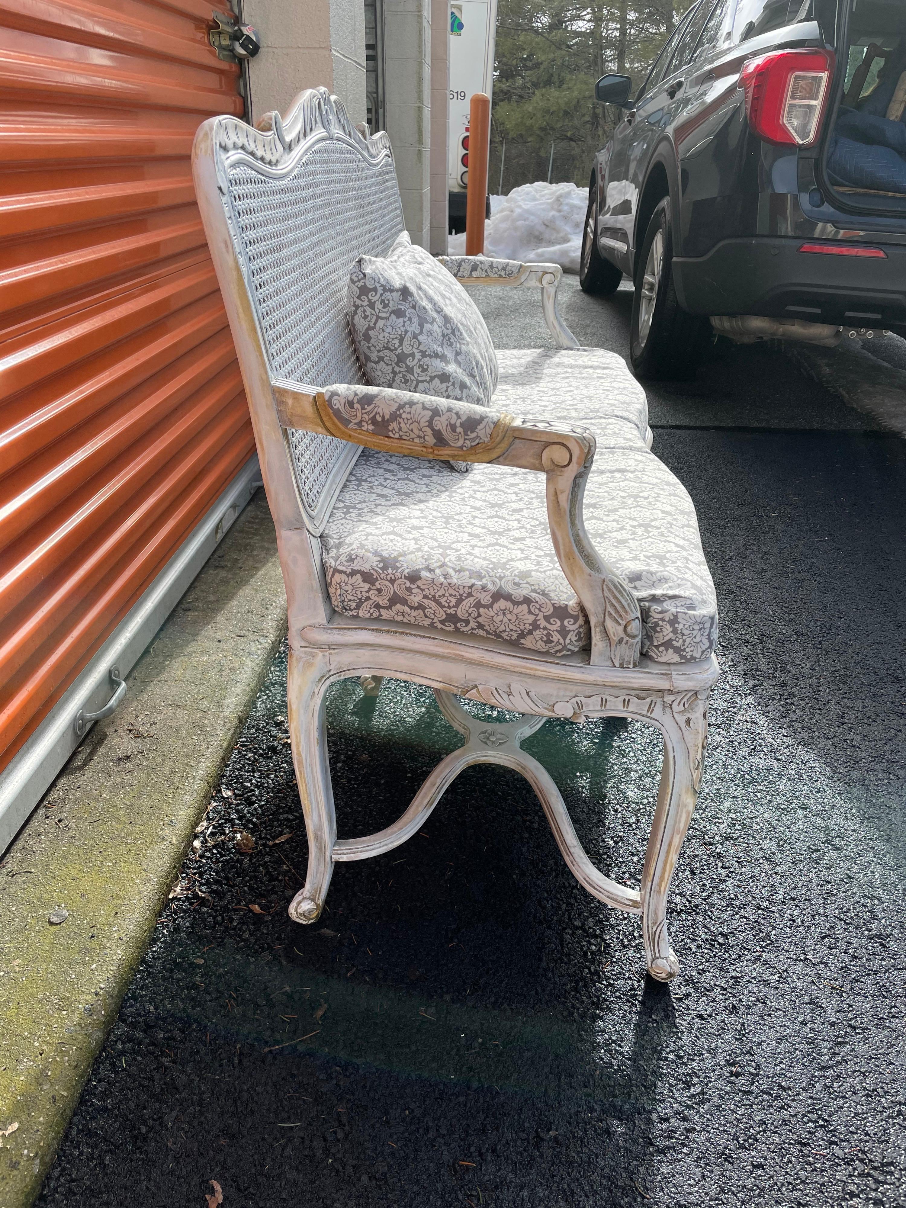 20th Century Painted Carved Caned Bench