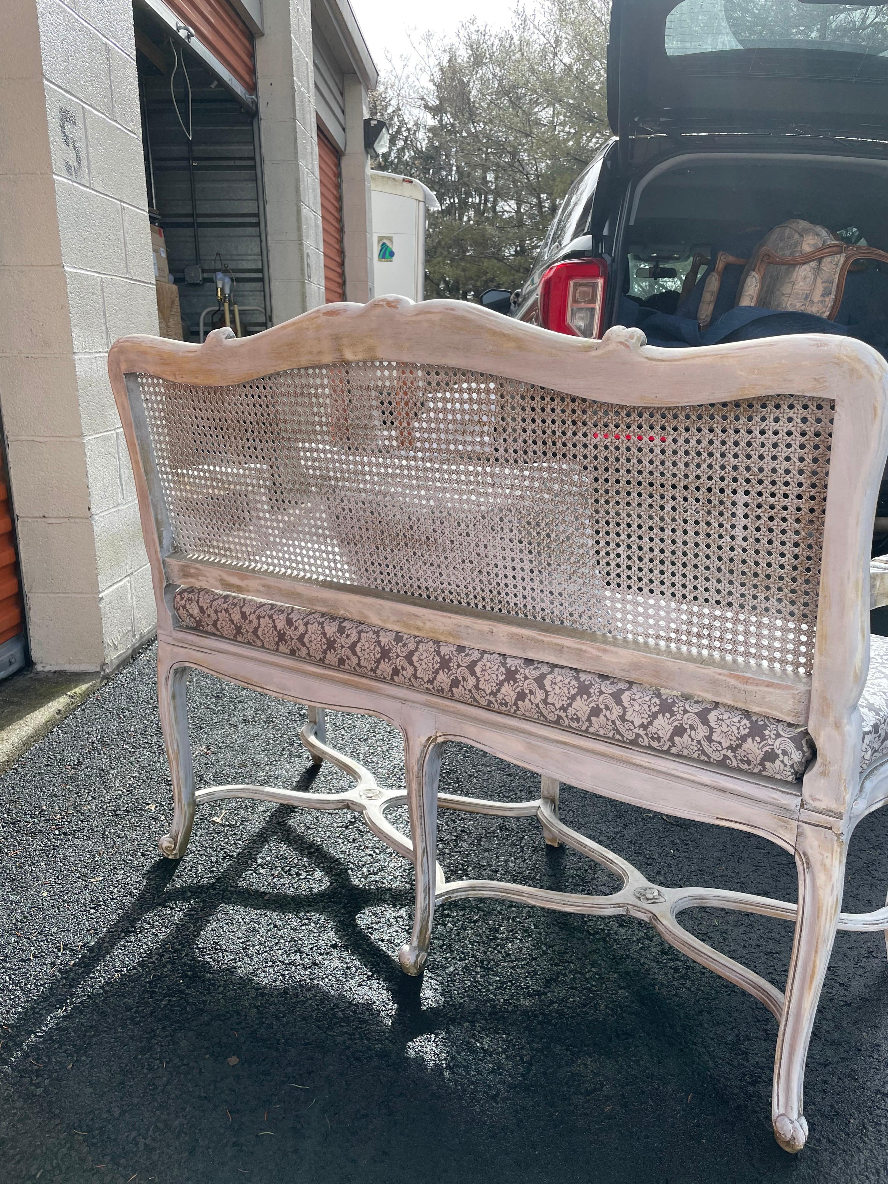 Upholstery Painted Carved Caned Bench