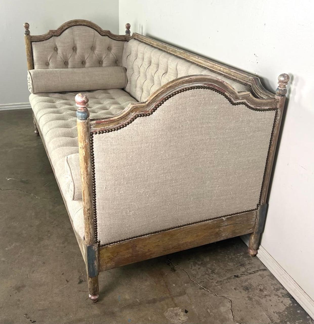 French Provincial Painted Carved Wood Linen Upholstered Daybed 1930's