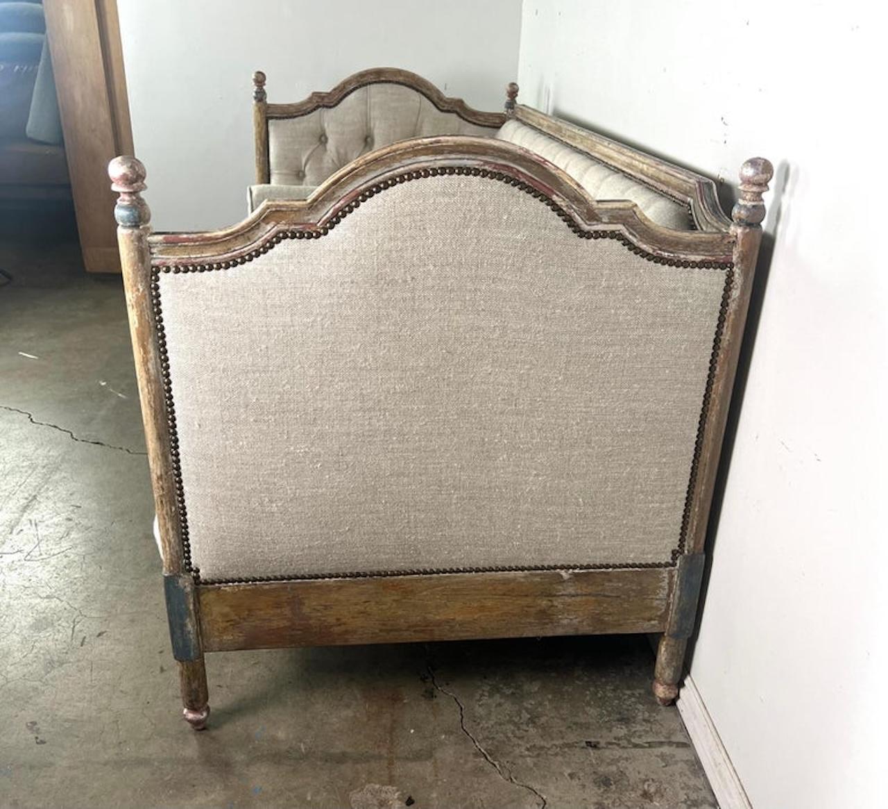 French Painted Carved Wood Linen Upholstered Daybed 1930's
