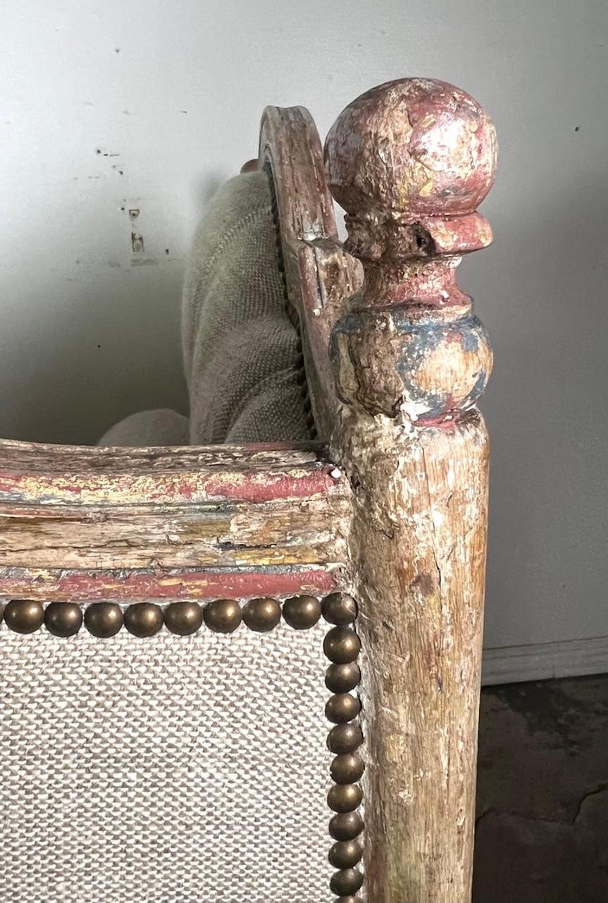 19th Century Painted Carved Wood Linen Upholstered Daybed 1930's