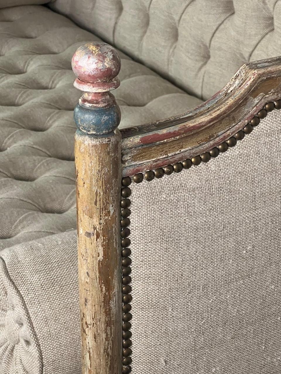 Painted Carved Wood Linen Upholstered Daybed 1930's 1