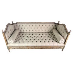 Painted Carved Wood Linen Upholstered Daybed 1930's