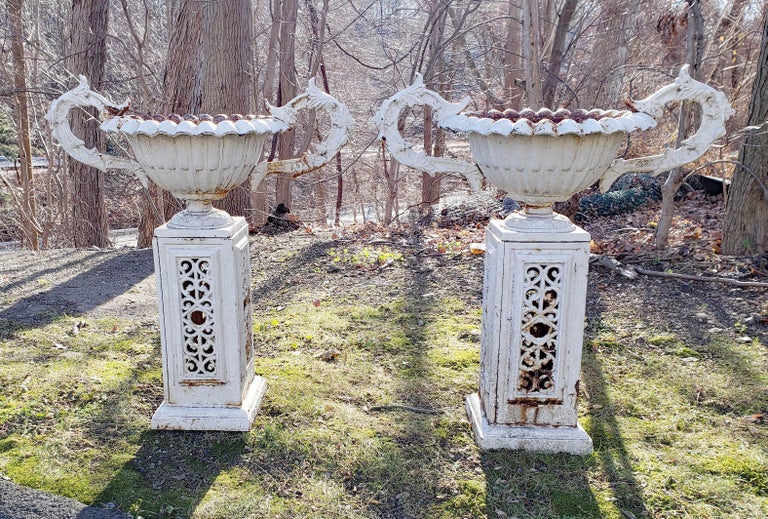 Painted Cast Iron Garden Urns and Pedestal Bases, American, Mid20th