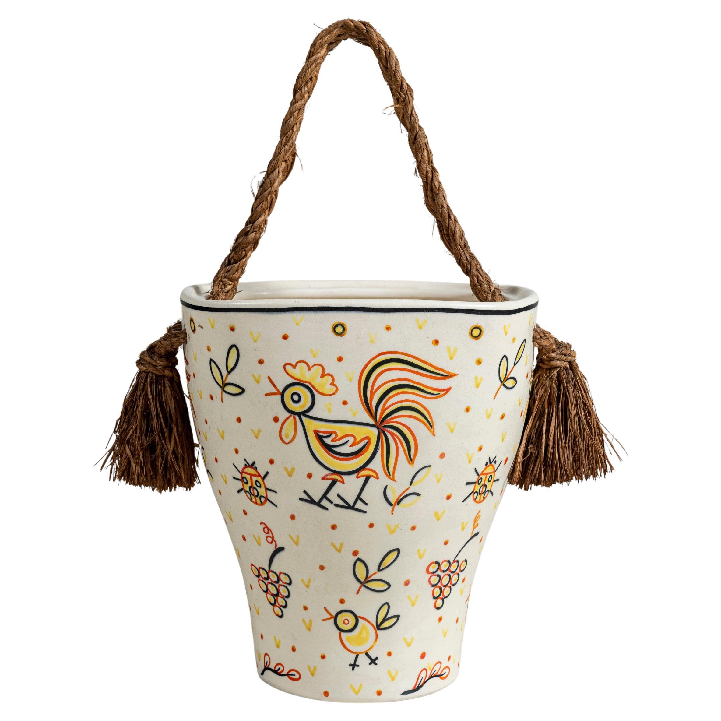 Raffreddatore per vino in ceramica dipinta e iuta firmato Lenci, Italia, circa 1940. in vendita