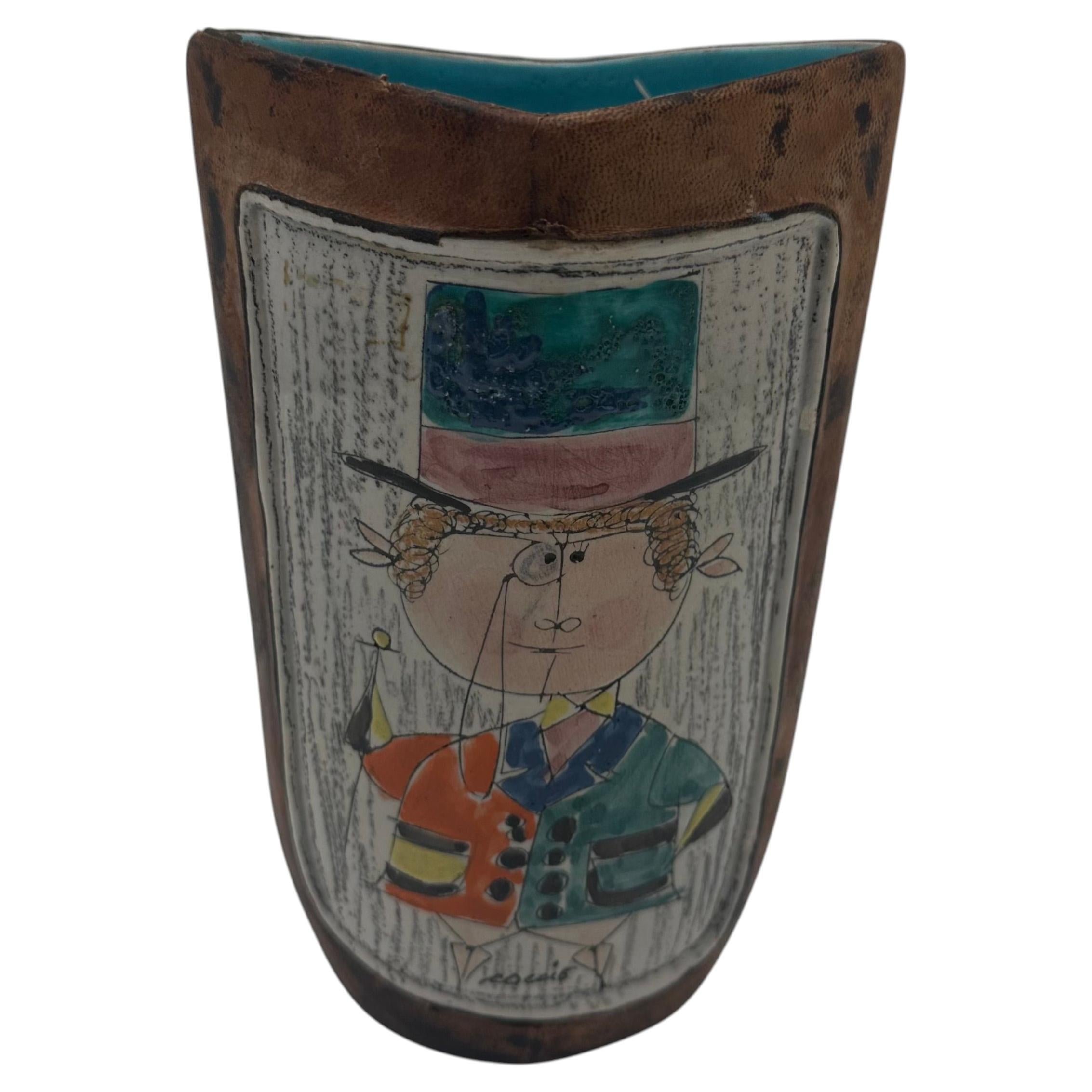 Vase en céramique peinte et cuir - Par Coccio, Italie, années 1950 en vente