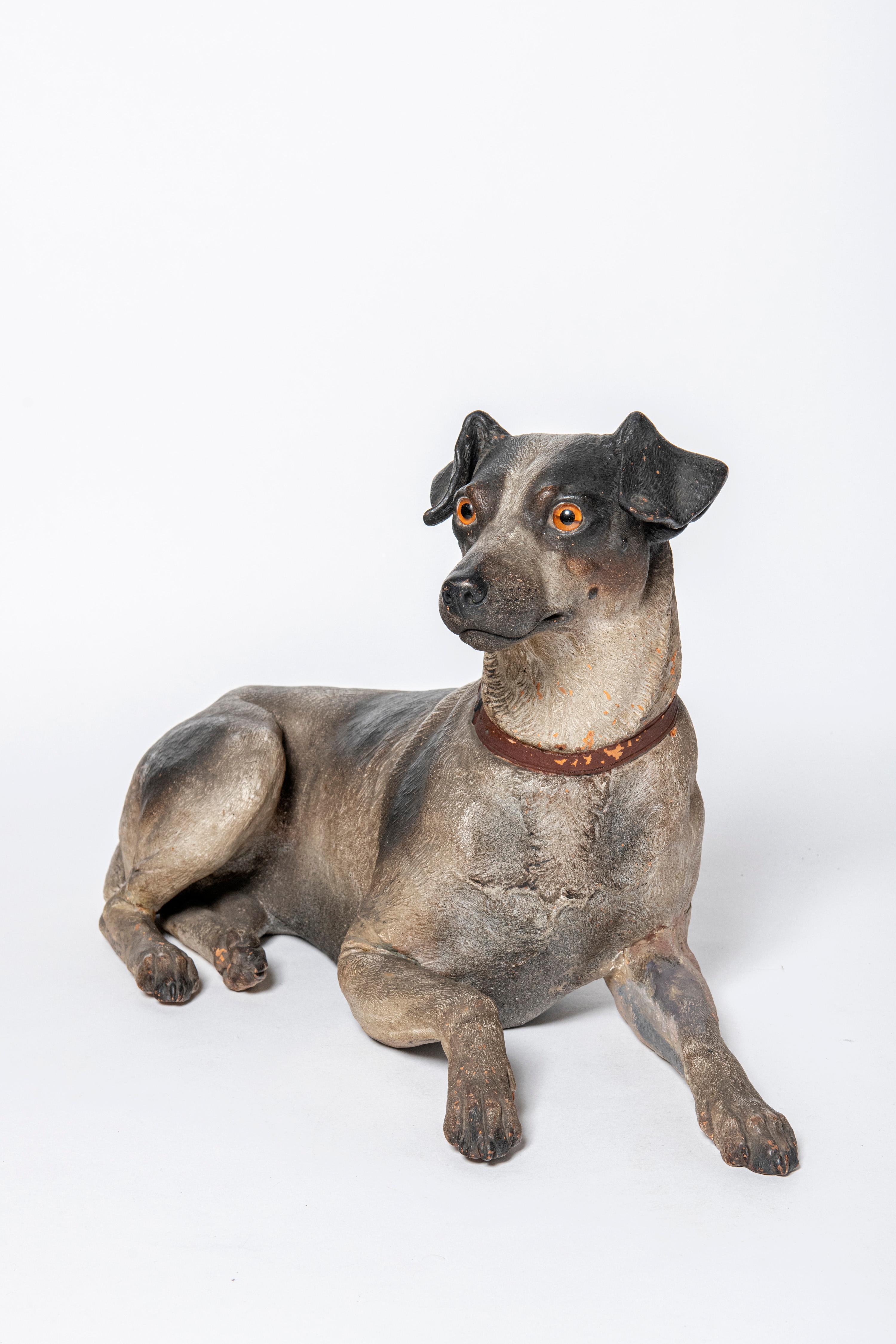 Austrian Painted ceramic dog sculpture attributed to Johann Maresch. Austria, circa 1900. For Sale