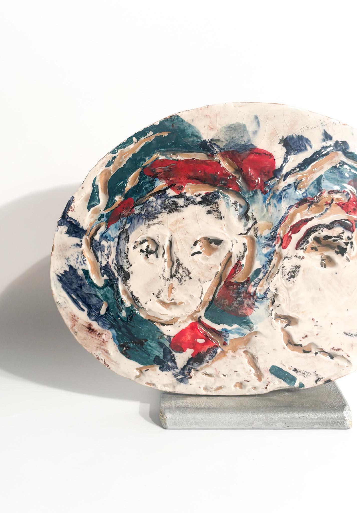 Mid-Century Modern Painted Ceramic Plate by Ernesto Treccani 1970s For Sale