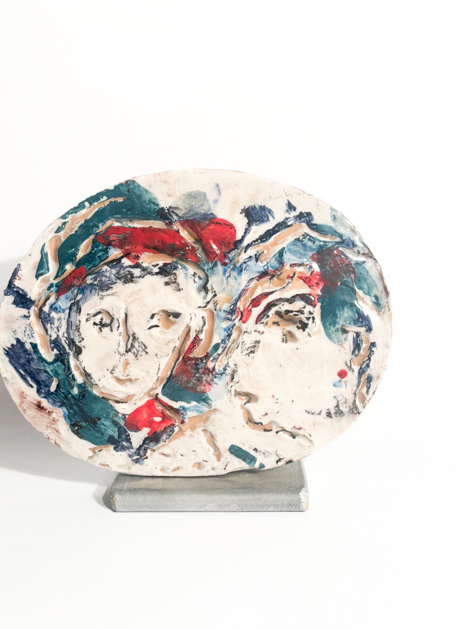 Italian Painted Ceramic Plate by Ernesto Treccani 1970s For Sale