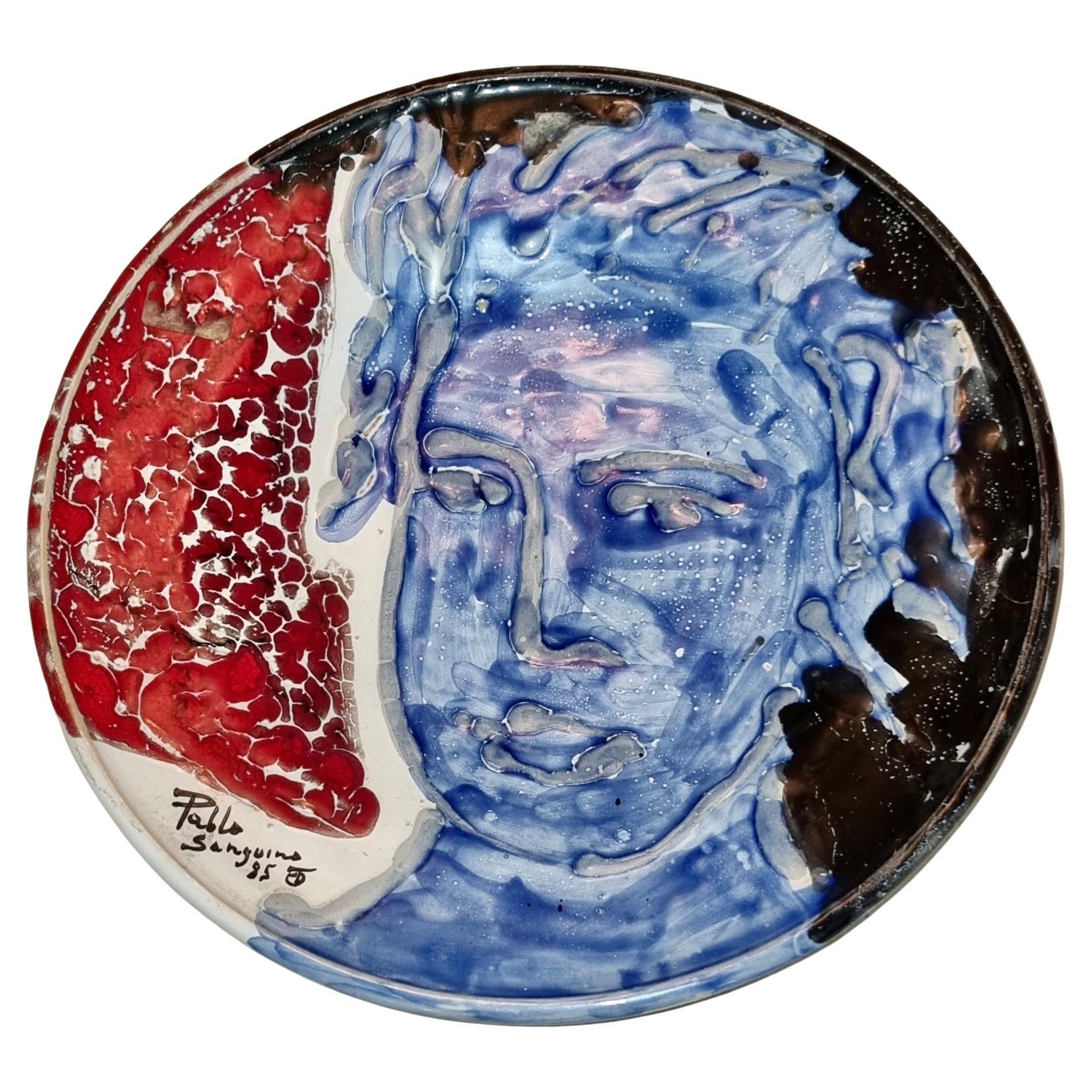 Painted Ceramic Plate Surreal Style by Toledian Artis Pablo Sanguino 1985 For Sale