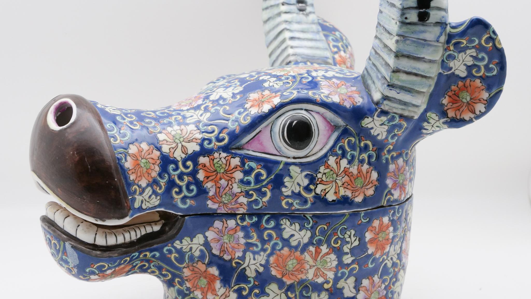 Painted Chinese ceramic tureen in the form of the head of a water buffalo.