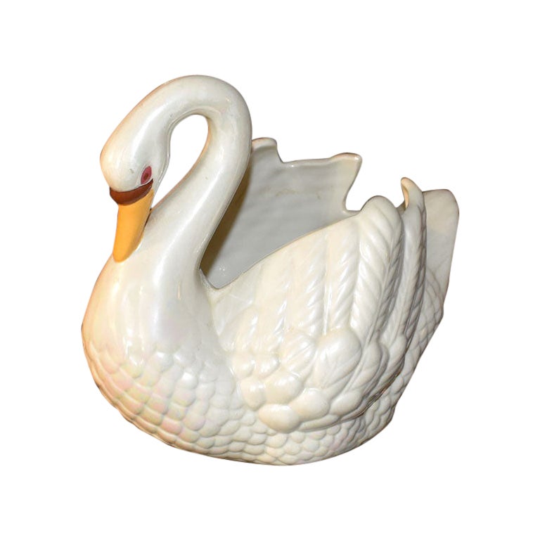 Painted Ceramic White Swan Planter - Signed 1969