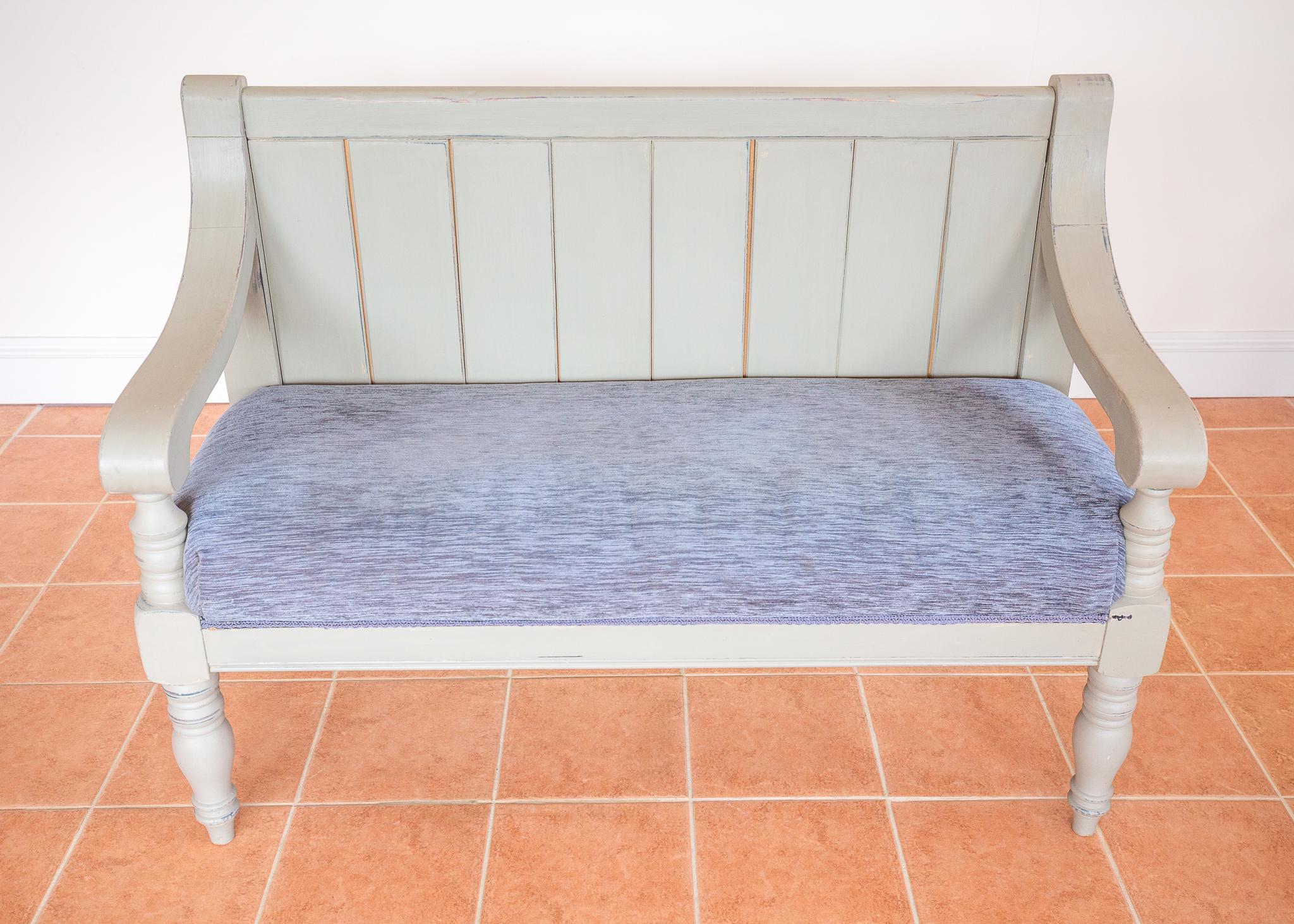 Banc de chapelle peint English Antique Upholstered Oak Victorian Settle Grey Blue en vente 6