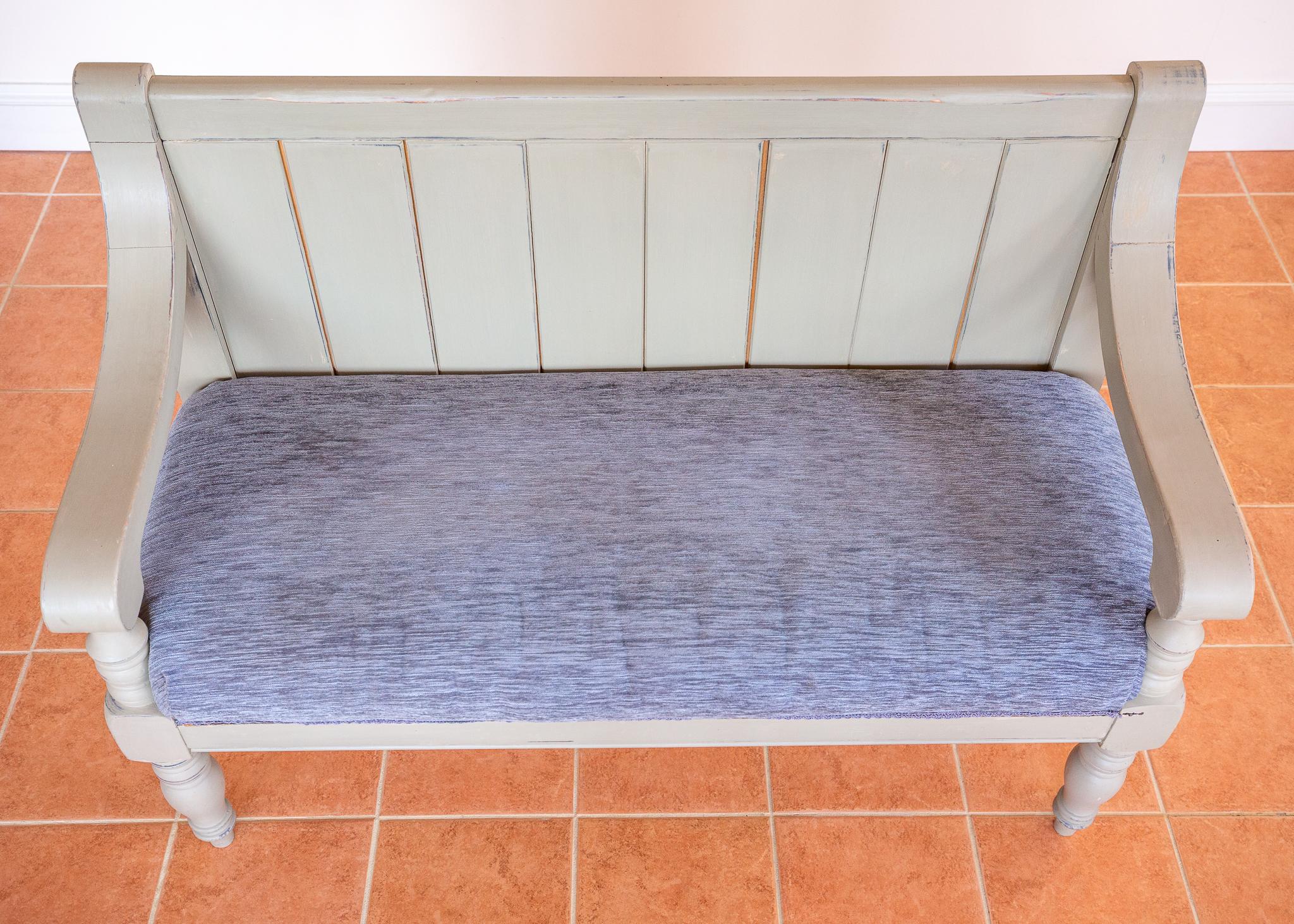 Banc de chapelle peint English Antique Upholstered Oak Victorian Settle Grey Blue en vente 10