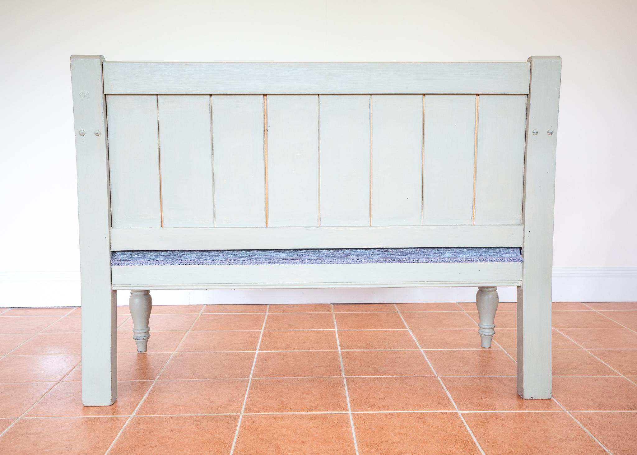 Banc de chapelle peint English Antique Upholstered Oak Victorian Settle Grey Blue en vente 11