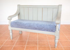 Painted Chapel Bench English Antique Upholstered Oak Victorian Settle Grey Blue