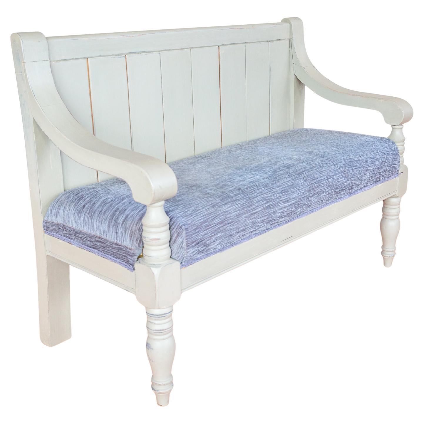 Banc de chapelle peint English Antique Upholstered Oak Victorian Settle Grey Blue en vente