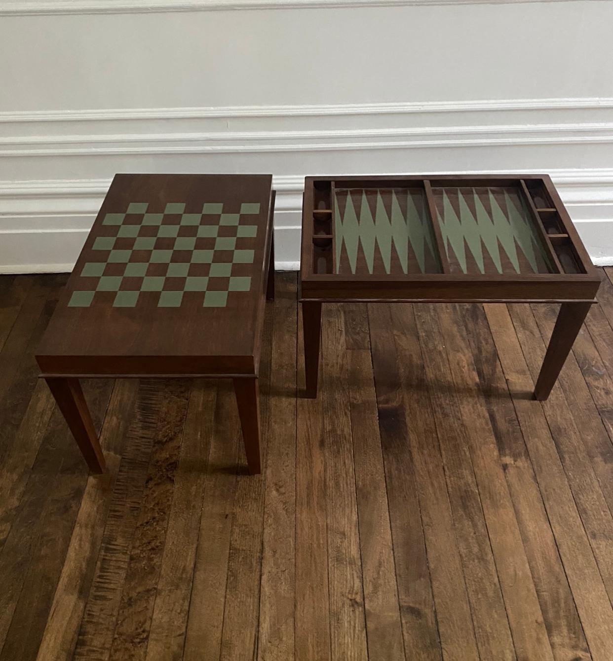 Made to order in any height up to 29”. As shown, 14” to be used as side tables / cocktail tables. Mahogany or walnut, with hand painted game surface in any BM or Pantone color of your choice. Made in Brooklyn by a family of artisans. Shipping price
