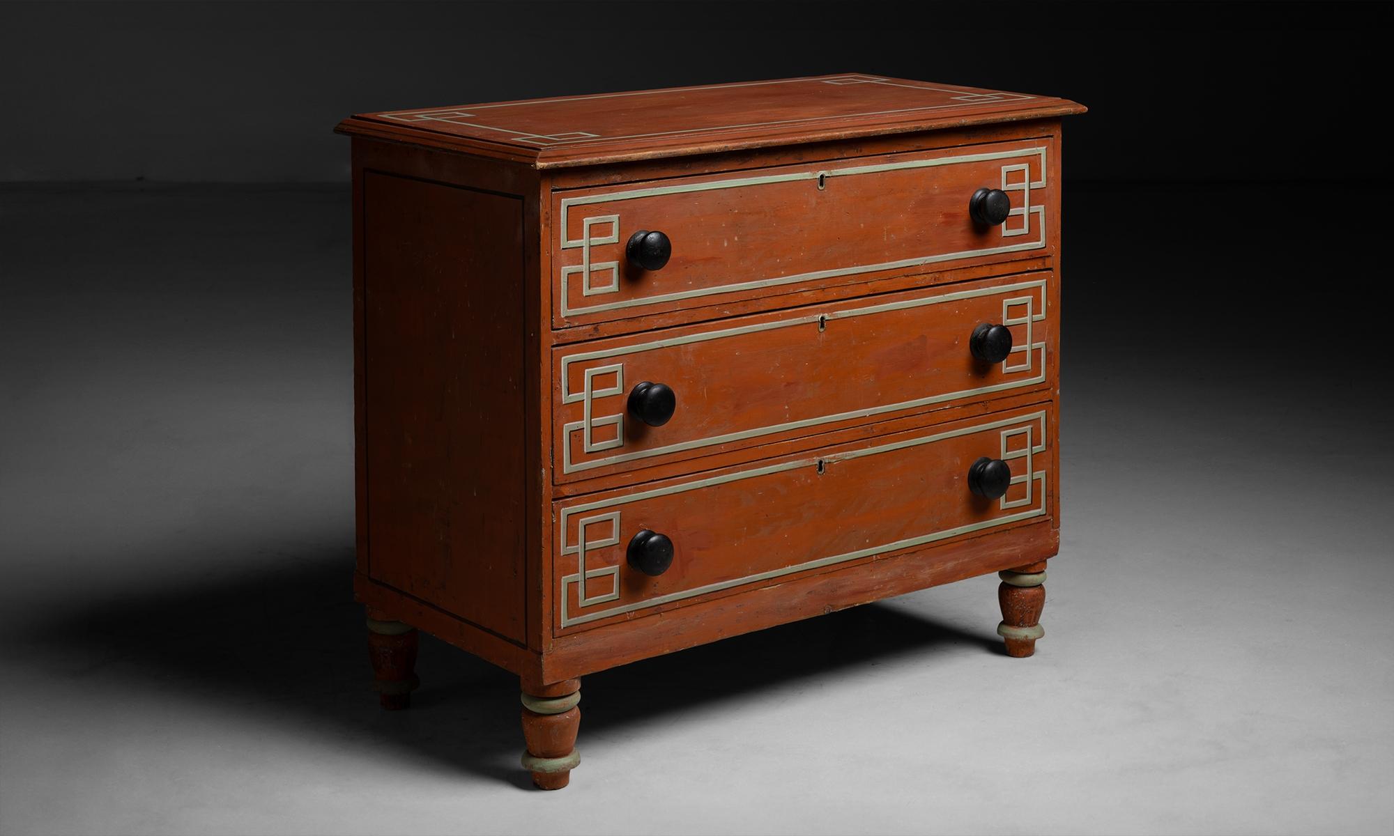 Painted Chest of Drawers
England circa 1890
Original paint with later decoration.
38”w x 19”d x 32.75”h